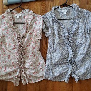 LOFT Floral Ruffle Blouses in Red and Blue
